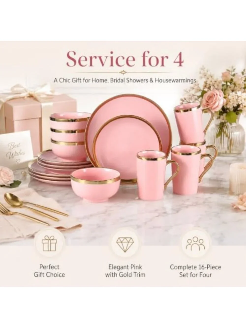 Elegant Pink and Gold Porcelain Dinnerware Set for 4 | 16-Piece Gold Rim
